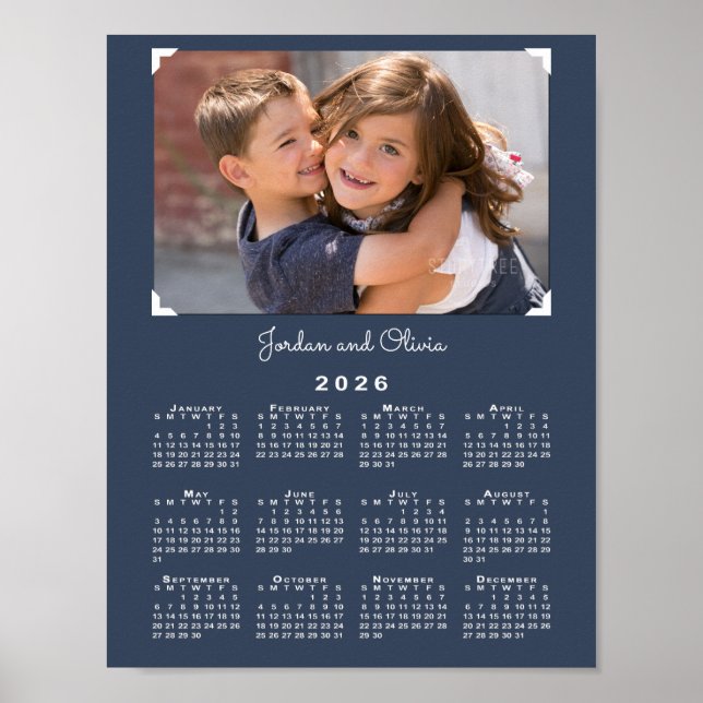 2026 Calendar with Your Photo and Name Navy Blue Poster (Front)