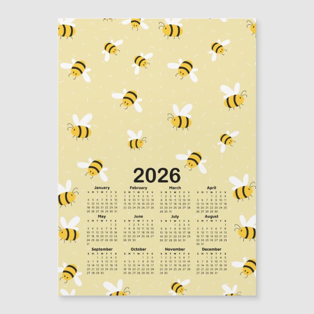 2026 Calendar Yellow Honey Bumble Bee Pattern (Front)