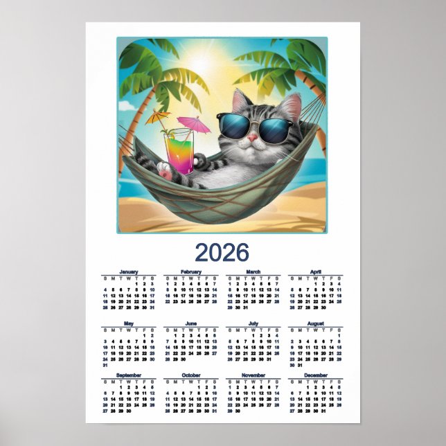 2026 Cat Calendar Cool Tropical Cat Poster (Front)