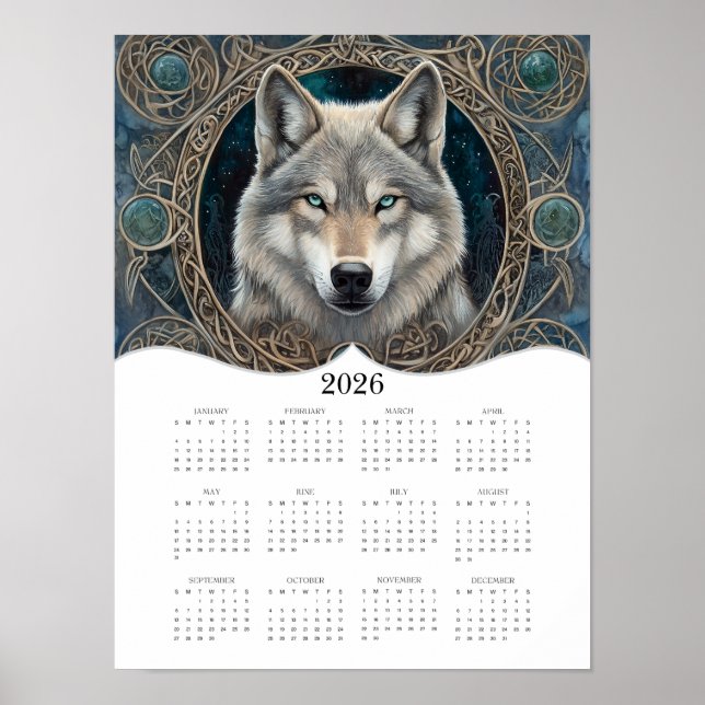 2026 Celtic Wolf Fantasy Art Full Year Calendar Poster (Front)
