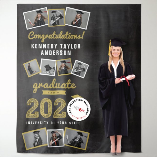 2026 Chalkboard Sketch Grad 10 Photo Backdrop Tapestry (20YY Gold Sketch Black Chalkboard Graduation Party 9 Photo Backdrop @ www.zazzle.com/color_therapy)