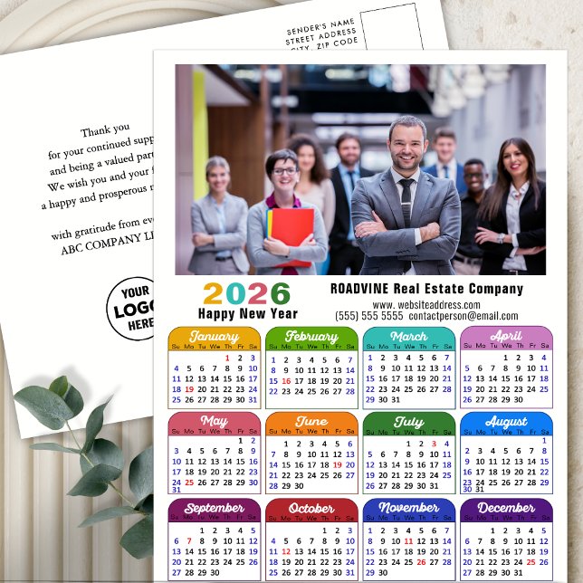 2026 Corporate Photo Colourful Calendar US Holiday Postcard (Creator Uploaded)