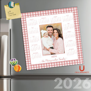 2026 Cottage Pink Gingham Photo Magnetic Calendar