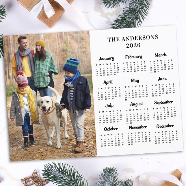2026 Custom Photo Family Name 12 Month Calendar Holiday Card (Creator Uploaded)