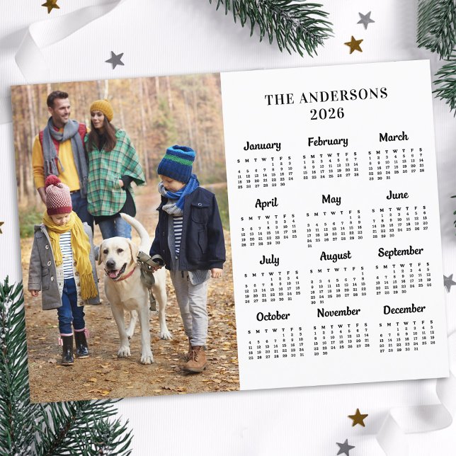 2026 Custom Photo & Family Name 12 Month Calendar Holiday Postcard (Creator Uploaded)