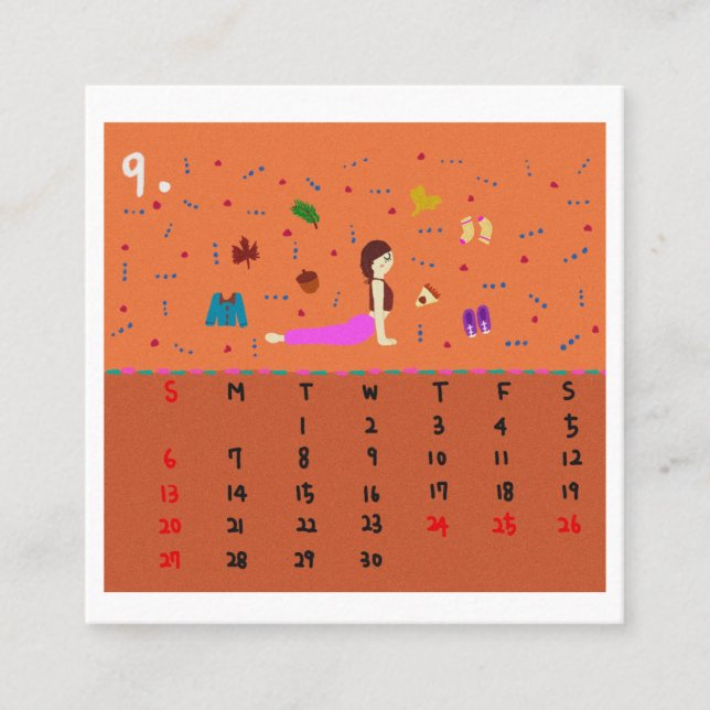 2026 Cute Cartoon Yoga Poses Calendar, Health  Square Business Card (Front)