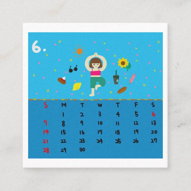 2026 Cute Cartoon Yoga Poses Calendar, Health  Square Business Card (Front)