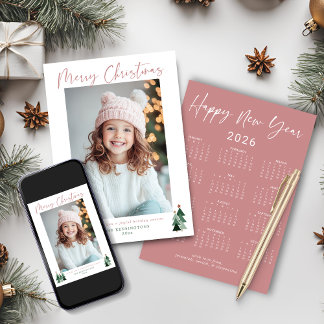 2026 Cute Pink Green Christmas Tree Photo Calendar Holiday Card