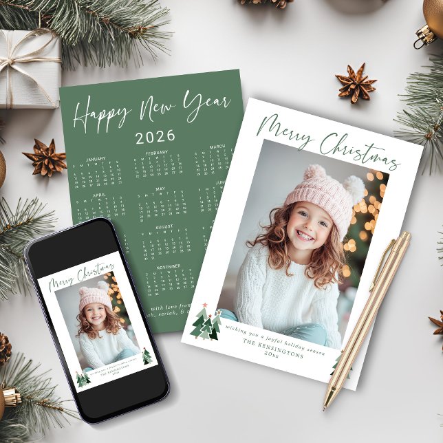 2026 Cute Sage Green Christmas Tree Photo Calendar Holiday Card (2026 Cute Sage Green Christmas Tree Photo Calendar Holiday Cards with Instant Download)