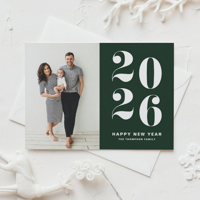 2026 Dark Green Bold Typography New Year Photo Holiday Postcard (Ring in 2026 with this green Happy New Year Photo Postcard featuring retro bold typography.)