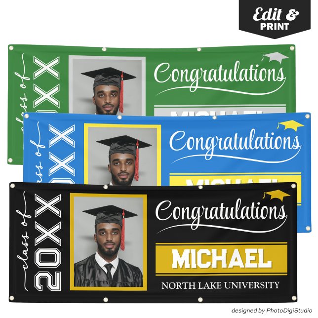 2026 Editable Graduation Banner with Name & School (2025 Editable Graduation Banner with Name & School, Black and Gold Banner Outdoor Horizontal)