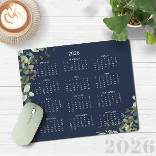 2026 Elegant Navy Blue Eucalyptus Desk Calendar Mouse Pad