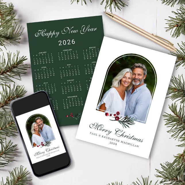 2026 Elegant Pine Arch Christmas Photo Calendar Holiday Card (2026 Elegant Pine Arch Christmas Photo Calendar Holiday Card with Digital Download)