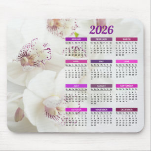 2026 Elegant White and Purple Orchids Calendar Mouse Pad