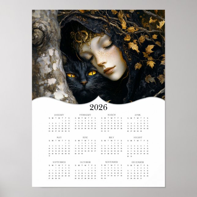 2026 Fantasy Lady Cat Full Year Wall Calendar Poster (Front)