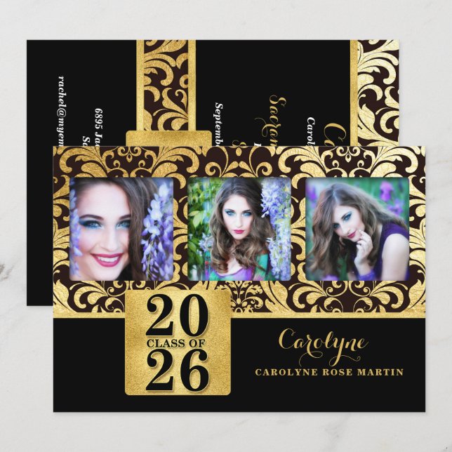 2026 Faux Gold and Black Elegant Class of Photo Invitation (Front/Back)
