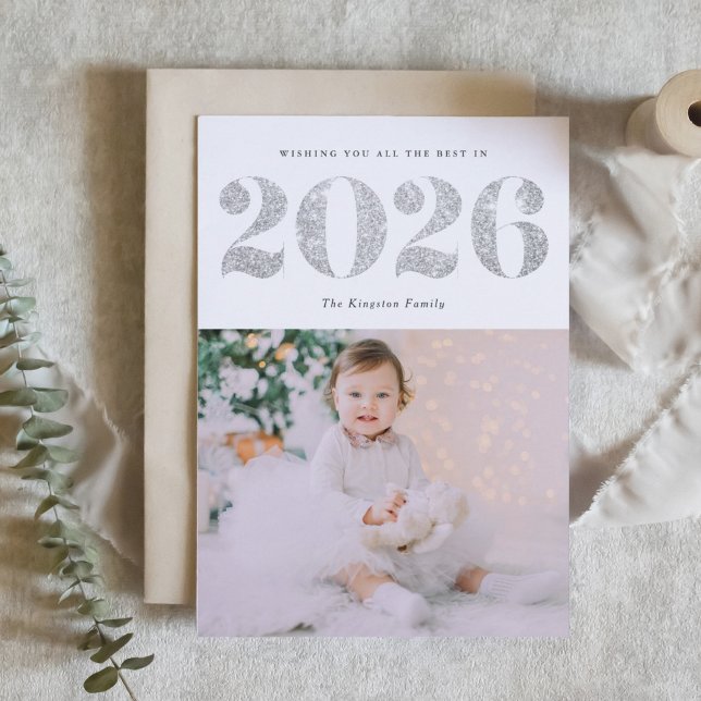 2026 Faux Silver Glitter Happy New Year Photo Holiday Card (Customizable photo 2026 Happy New Year card featuring festive faux silver glitter.)