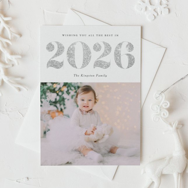 2026 Faux Silver Glitter Happy New Year Photo Holiday Postcard (Customizable photo New Year postcard featuring 2026 in faux silver glitter.)
