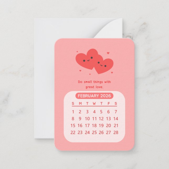 2026 February Monthly Kawaii Motivational Calendar Card (Front)