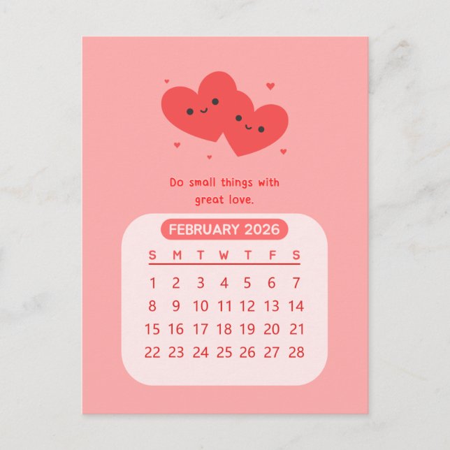 2026 February Monthly Kawaii Motivational Calendar Postcard (Front)