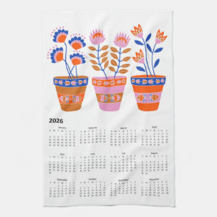 2026 Folk Art Cottagecore Flower Pot Calendar Tea Towel
