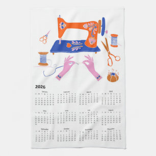 2026 Folk Art Cottagecore Sewing Calendar Tea Towel