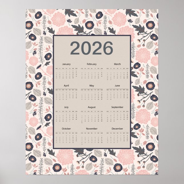2026 Full Year Calendar Pink Gray Botanical Poster (Front)