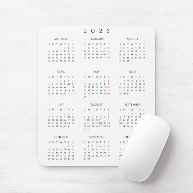 2026 Full Year Yearly Calendar Elegant Home Office Mouse Pad (With Mouse)