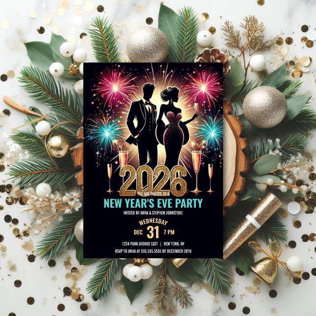 2026 Glamourous New Year's Eve Party Fireworks Invitation (Glamorous New Year's Eve Party Invitation front view.)