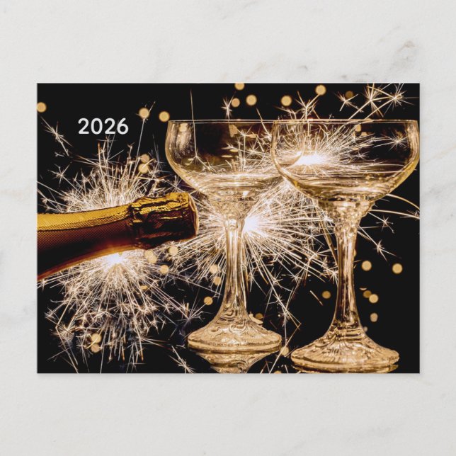 2026 Gold/Black Champagne Glasses Holiday Postcard (Front)