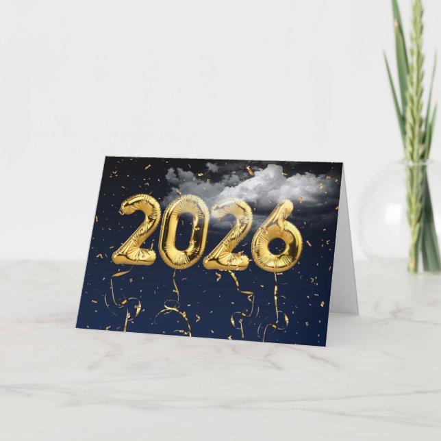 2026 Gold Foil Balloons in Clouds Card (Front)
