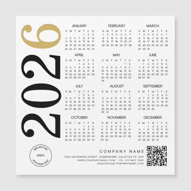 2026 Gold White Calendar Logo QR Code Business (Front)