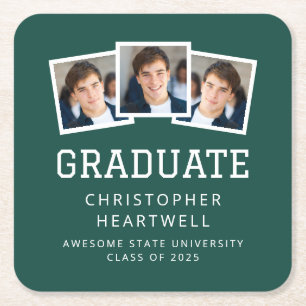 2026 Graduate 3-Photo Green White Square Paper Coaster