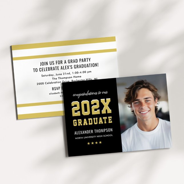 2026 Graduate Black Gold Graduation Party Photo Invitation (Creator Uploaded)