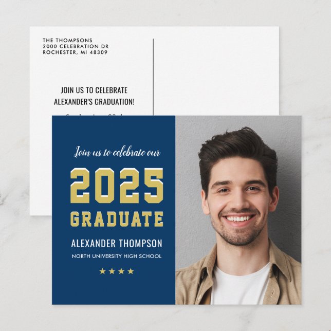 2026 Graduate Navy Gold Graduation Party Photo Invitation Postcard (Front/Back)