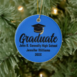 2026 Graduate Photo Custom Blue Black Graduation Ceramic Ornament<br><div class="desc">This classic blue and black custom senior graduate Christmas ornament features modern typography of your high school or college name for the class of 2026 with your grad photo on the back. Customize with your graduating year under the chic handwritten script and grad cap for a great personalized graduation keepsake...</div>