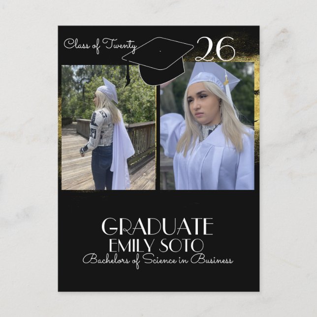2026 Graduation Collage Script Gold Black Postcard (Front)