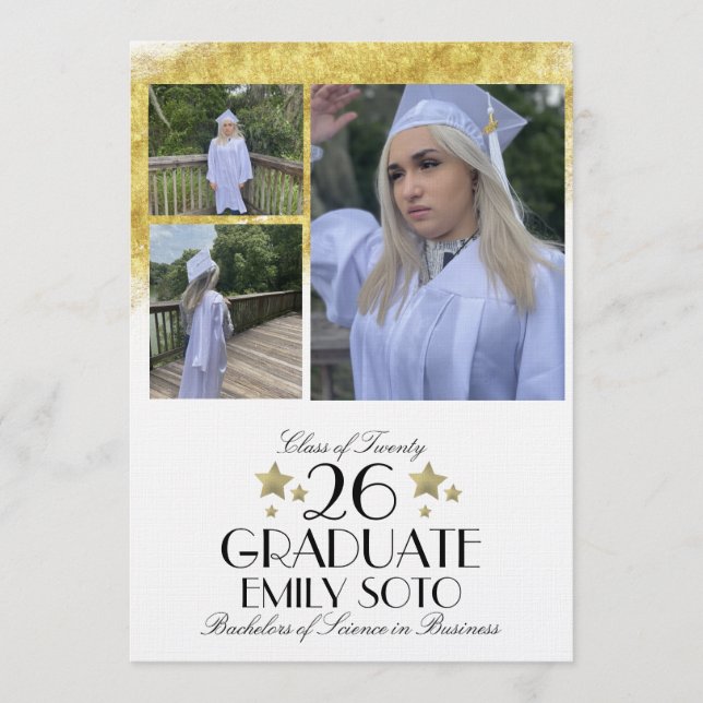 2026 Graduation Collage Script Stars Three Photo Invitation (Front)