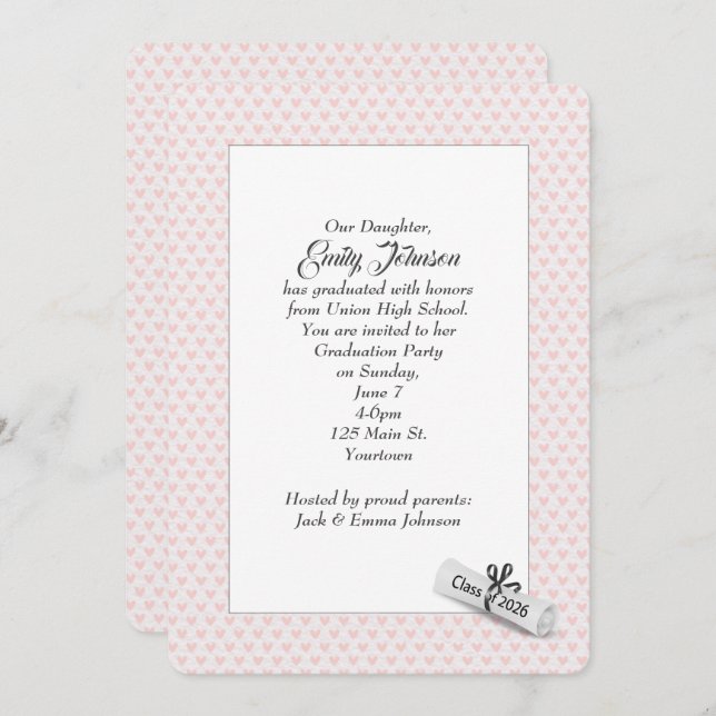 2026 Graduation Diploma on Pink Hearts   Invitation (Front/Back)
