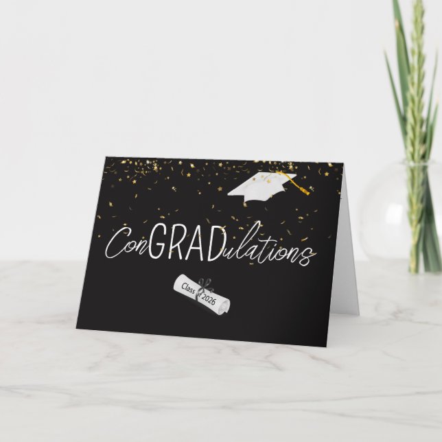 2026 Graduation Gold Confetti and Cap Card (Front)