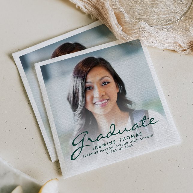 2026 Green Script Photo Graduation Party Napkin (Creator Uploaded)