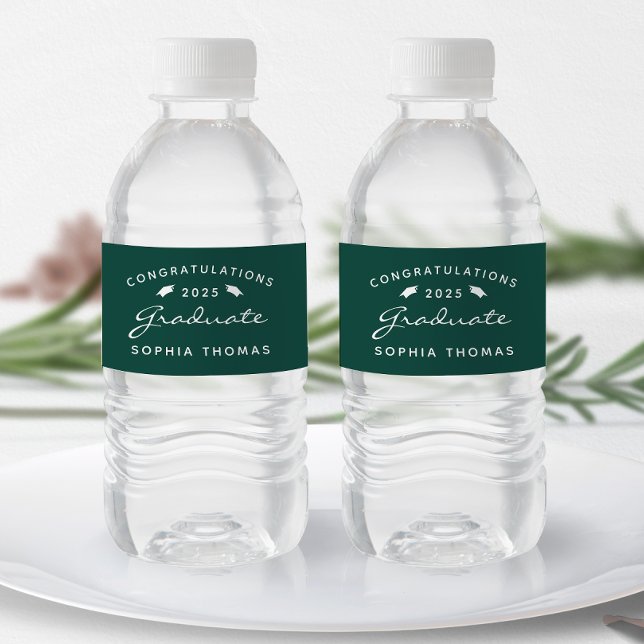 2026 Green White Script Cap Graduation Water Bottle Label (Creator Uploaded)