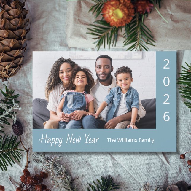 2026 Happy New Year Family Photo Blue Modern Holiday Card (Creator Uploaded)