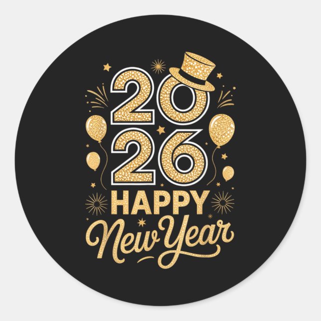 2026 Happy New Year Festive Top Hat Balloon Firewo Classic Round Sticker (Front)