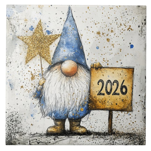 2026, Happy New Year, gnome, Ceramic Tile (Front)