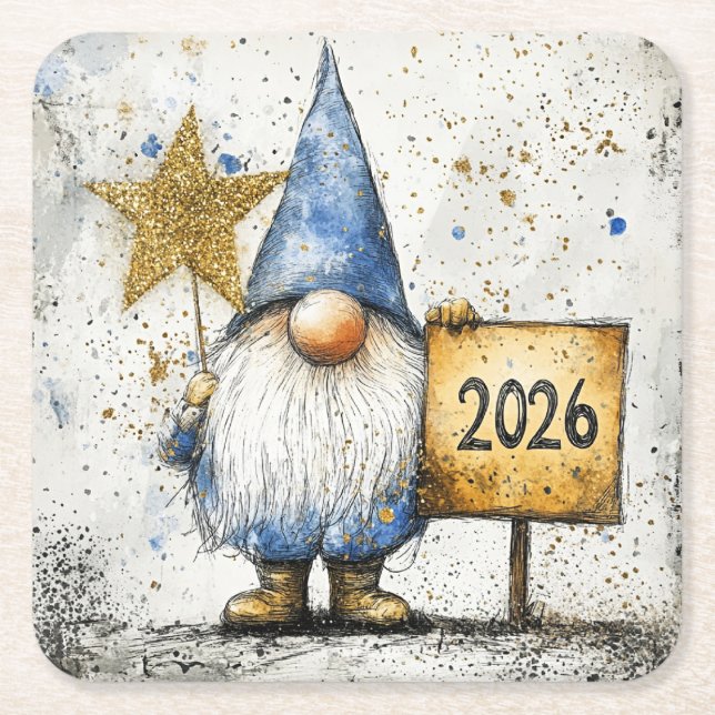 2026, Happy New Year, gnome, Square Paper Coaster (Front)
