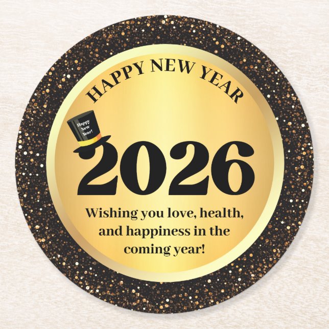 2026 happy new year, gold black sparkles chic round paper coaster (Front)