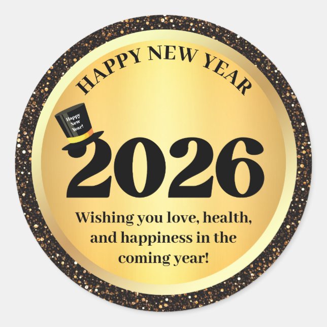 2026 happy new year, gold black sparkles  classic round sticker (Front)