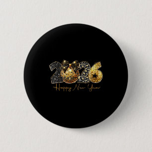 2026 Happy New Year Gold Disco Leopard Bow Coquett 6 Cm Round Badge