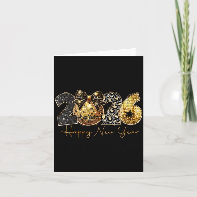 2026 Happy New Year Gold Disco Leopard Bow Coquett Card (Front)